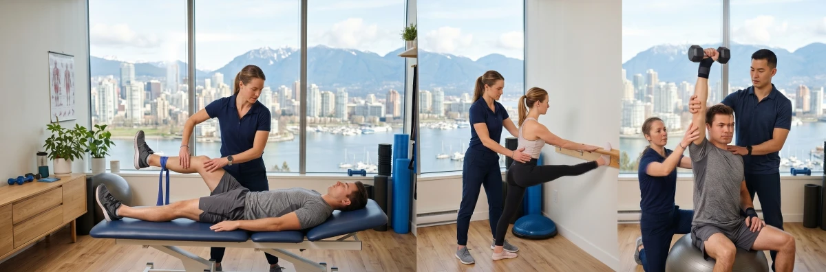Modern Physiotherapy Clinic in Vancouver BC, showing a multi-panel collage of therapists and patients engaged in various specialized therapeutic and strengthening exercises, with a clear view of the city skyline and mountains.